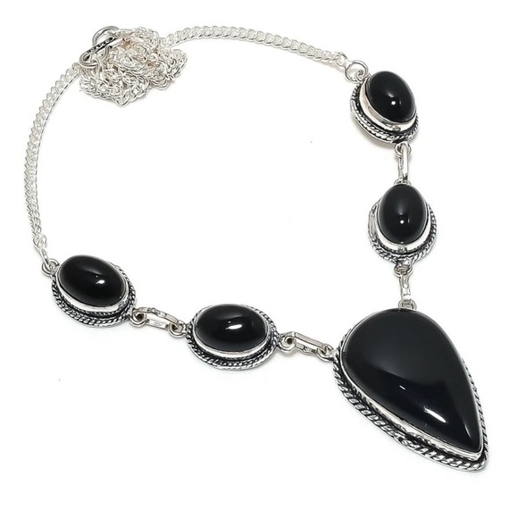 Handmade Jewelry - Gorgeous Natural Black Onyx Gemstone Handmade 925 Sterling Silver Necklace
